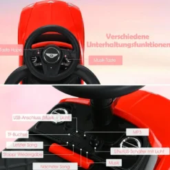 3 in 1 Bentley Kinderauto mit Verdeck & Musik & Stauraum & Licht für Kinder 1-8 J. Rot