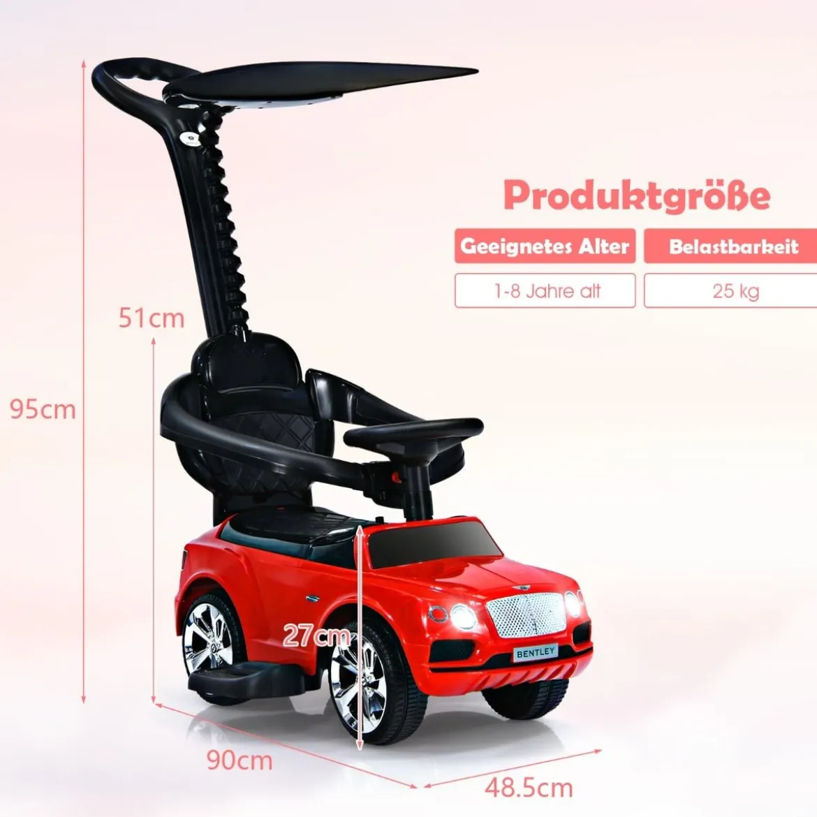 3 in 1 Bentley Kinderauto mit Verdeck & Musik & Stauraum & Licht für Kinder 1-8 J. Rot
