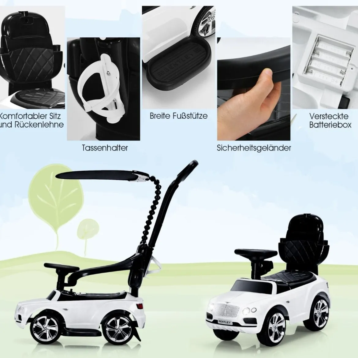 3 in 1 Bentley Kinderauto mit Verdeck & Musik & Stauraum & Licht für Kinder 1-8 J. Weiß
