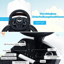 3 in 1 Bentley Kinderauto mit Verdeck & Musik & Stauraum & Licht für Kinder 1-8 J. Weiß