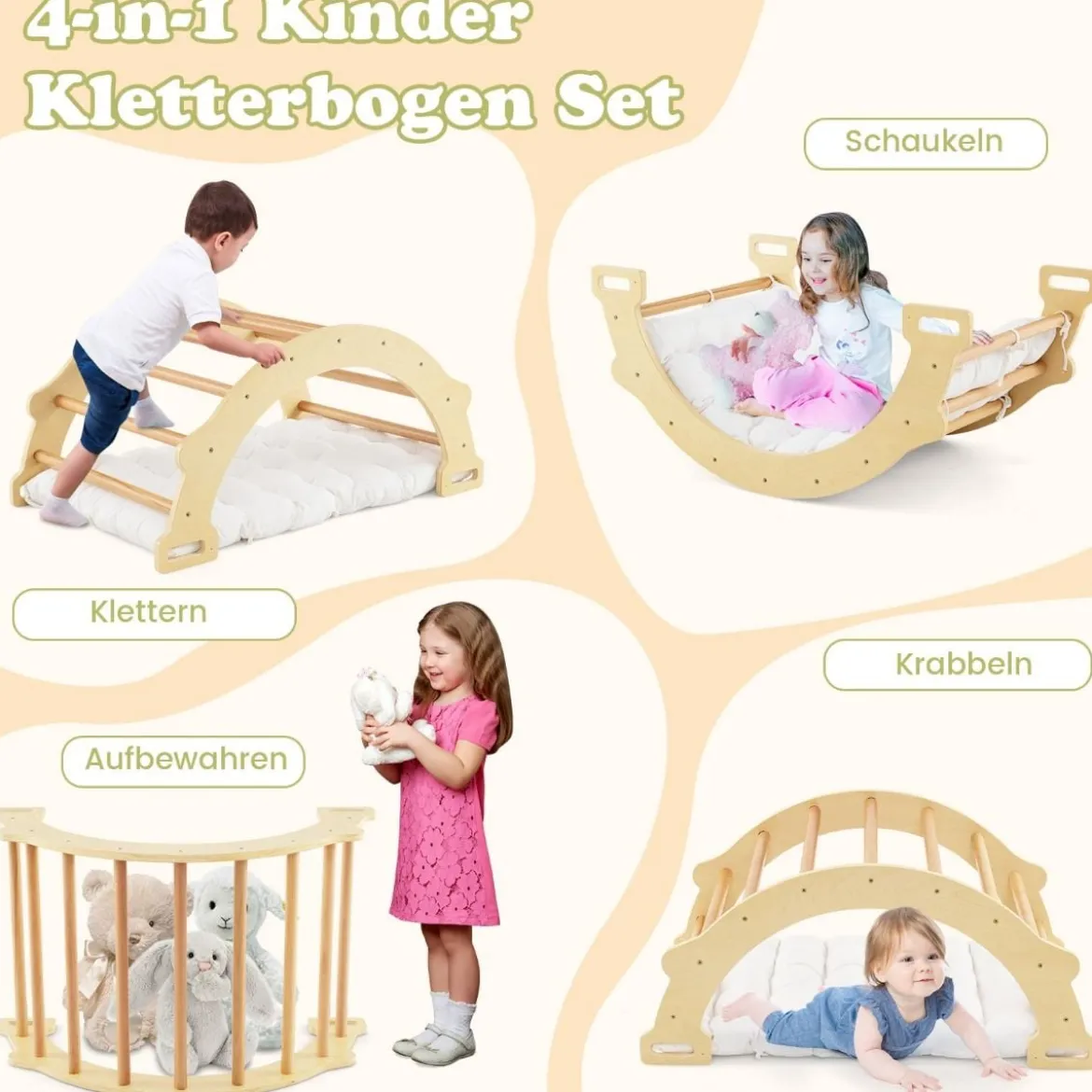 2-in-1-Bogenwippe mit Kissen Doppelseitiger Kletterbogen Natürlich