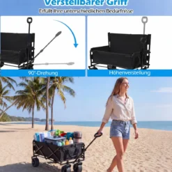 2-in-1 Bollerwagen mit Sitzbank faltbarer Strandwagen mit verstellbarem Schiebe-/Ziehgriff Schwarz