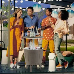 3 in 1 Cool Bar Beistelltisch mit anhebbarer Tischplatte 38L Outdoor Bier- und Weinkühler Braun