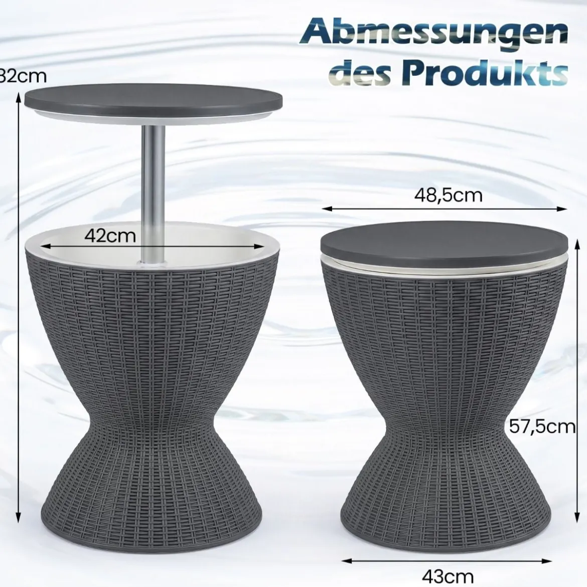 3 in 1 Cool Bar 30L Outdoor Bier- & Weinkühler in Rattanoptik Höhenverstellbarer Beistelltisch Grau