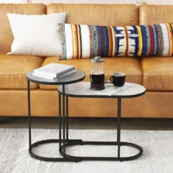 2 in 1 DesignNesting Couchtisch-Set aus 2 mit Imitation Marmor Tischplatte & stabilem Metallrahmen kleiner Couchtisch