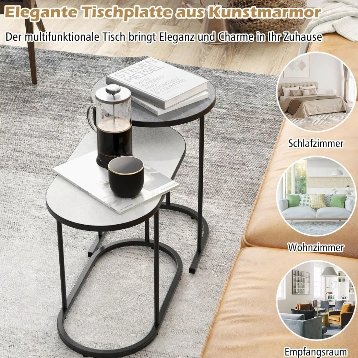 2 in 1 DesignNesting Couchtisch-Set aus 2 mit Imitation Marmor Tischplatte & stabilem Metallrahmen kleiner Couchtisch