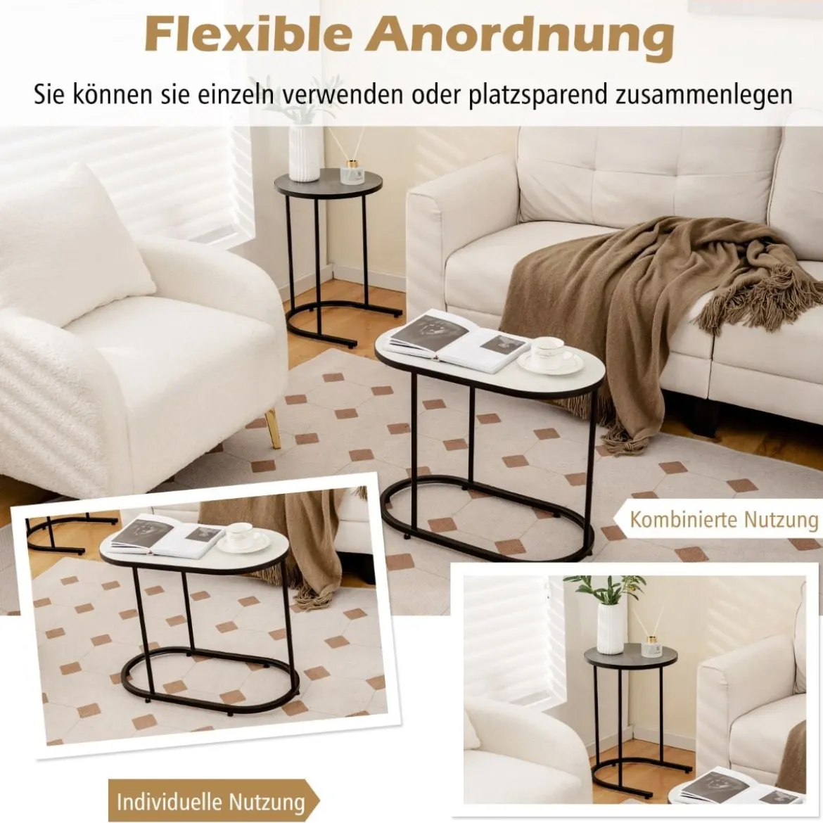 2 in 1 DesignNesting Couchtisch-Set aus 2 mit Imitation Marmor Tischplatte & stabilem Metallrahmen kleiner Couchtisch