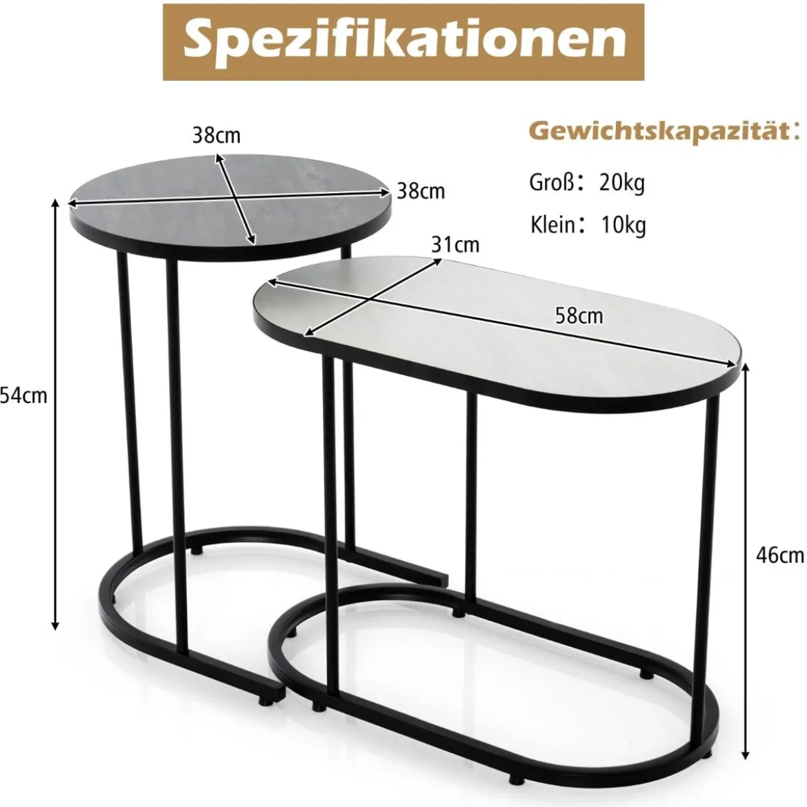 2 in 1 DesignNesting Couchtisch-Set aus 2 mit Imitation Marmor Tischplatte & stabilem Metallrahmen kleiner Couchtisch
