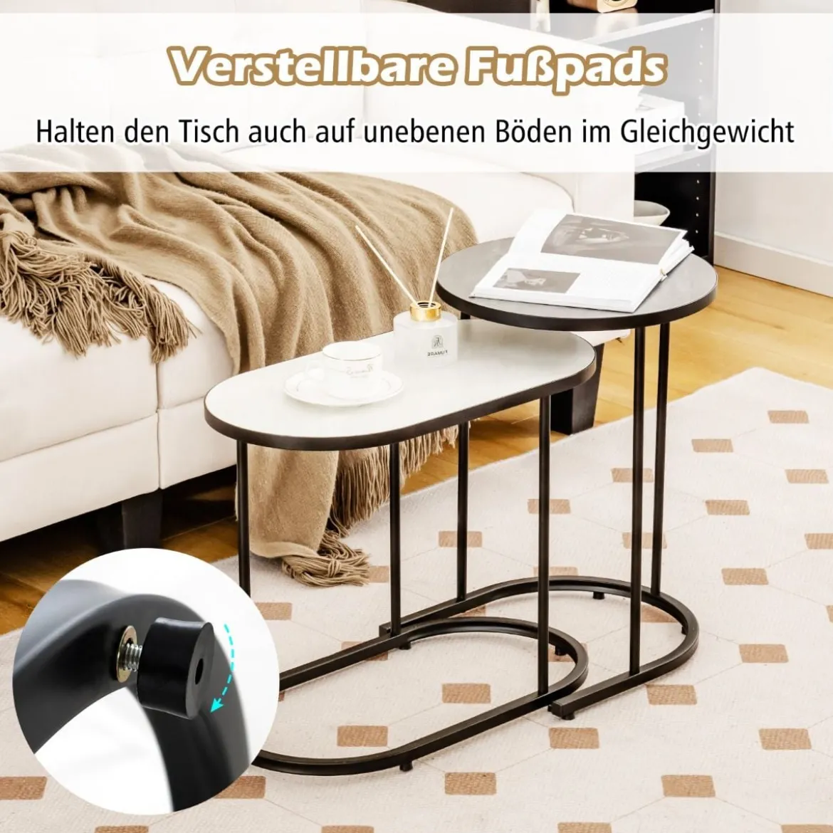 2 in 1 DesignNesting Couchtisch-Set aus 2 mit Imitation Marmor Tischplatte & stabilem Metallrahmen kleiner Couchtisch