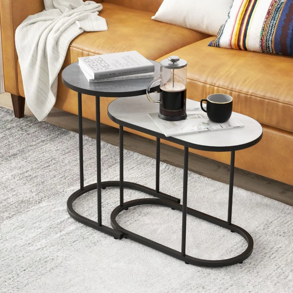 2 in 1 DesignNesting Couchtisch-Set aus 2 mit Imitation Marmor Tischplatte & stabilem Metallrahmen kleiner Couchtisch