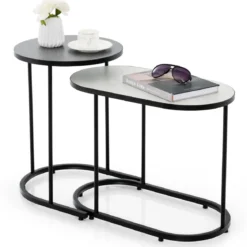 2 in 1 DesignNesting Couchtisch-Set aus 2 mit Imitation Marmor Tischplatte & stabilem Metallrahmen kleiner Couchtisch
