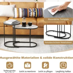 2 in 1 DesignNesting Couchtisch-Set aus 2 mit Imitation Marmor Tischplatte & stabilem Metallrahmen kleiner Couchtisch