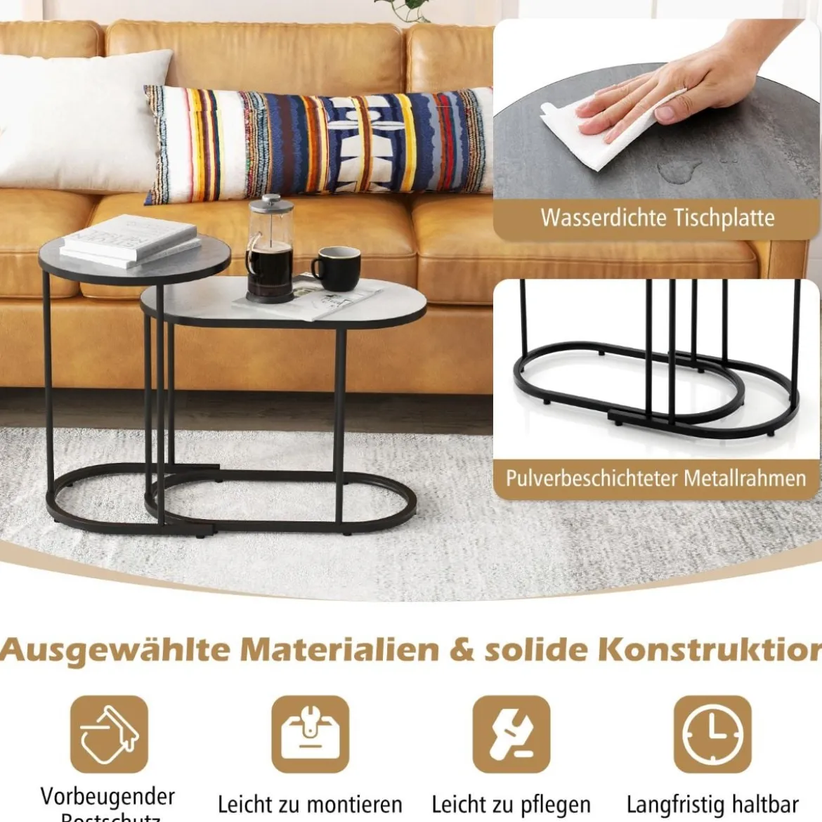 2 in 1 DesignNesting Couchtisch-Set aus 2 mit Imitation Marmor Tischplatte & stabilem Metallrahmen kleiner Couchtisch