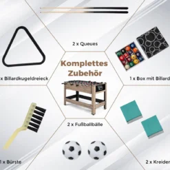 2 in 1 Drehbarer Spieltisch 124 cm Kickertisch & Billard Kombination Spieltisch-Set für Jugendliche Braun