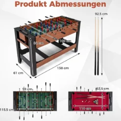 2 in 1 Drehbarer Spieltisch Kicker & Billard Kombitisch mit Beinen Queues Dreieck Bürste Kreide Braun 138 x 61 x 84 cm