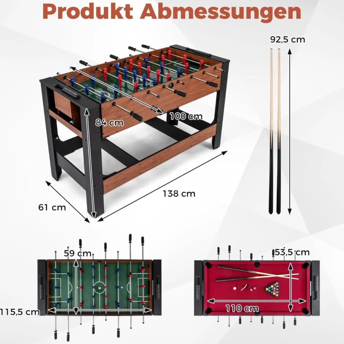 2 in 1 Drehbarer Spieltisch Kicker & Billard Kombitisch mit Beinen Queues Dreieck Bürste Kreide Braun 138 x 61 x 84 cm