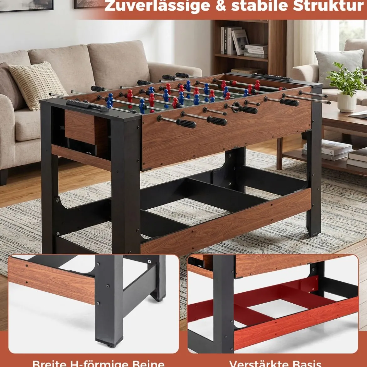 2 in 1 Drehbarer Spieltisch Kicker & Billard Kombitisch mit Beinen Queues Dreieck Bürste Kreide Braun 138 x 61 x 84 cm