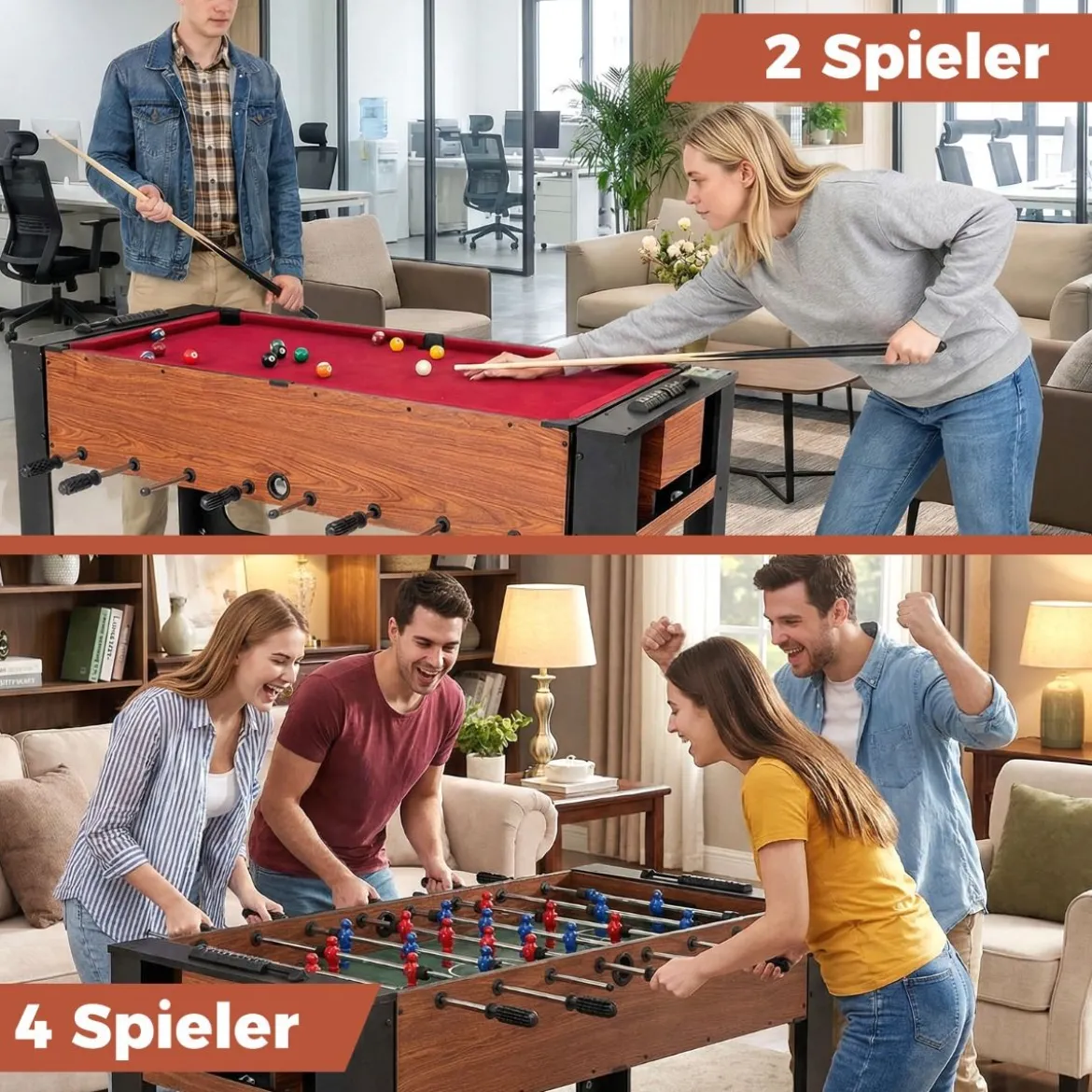 2 in 1 Drehbarer Spieltisch Kicker & Billard Kombitisch mit Beinen Queues Dreieck Bürste Kreide Braun 138 x 61 x 84 cm