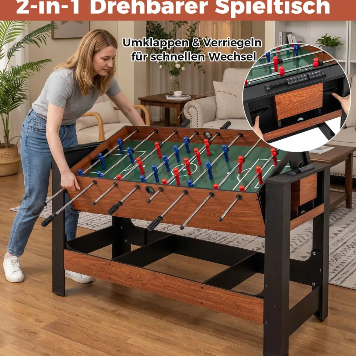 2 in 1 Drehbarer Spieltisch Kicker & Billard Kombitisch mit Beinen Queues Dreieck Bürste Kreide Braun 138 x 61 x 84 cm