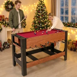 2 in 1 Drehbarer Spieltisch Kicker & Billard Kombitisch mit Beinen Queues Dreieck Bürste Kreide Braun 138 x 61 x 84 cm