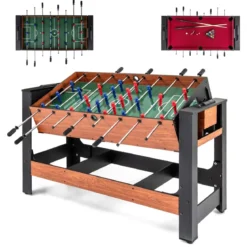 2 in 1 Drehbarer Spieltisch Kicker & Billard Kombitisch mit Beinen Queues Dreieck Bürste Kreide Braun 138 x 61 x 84 cm