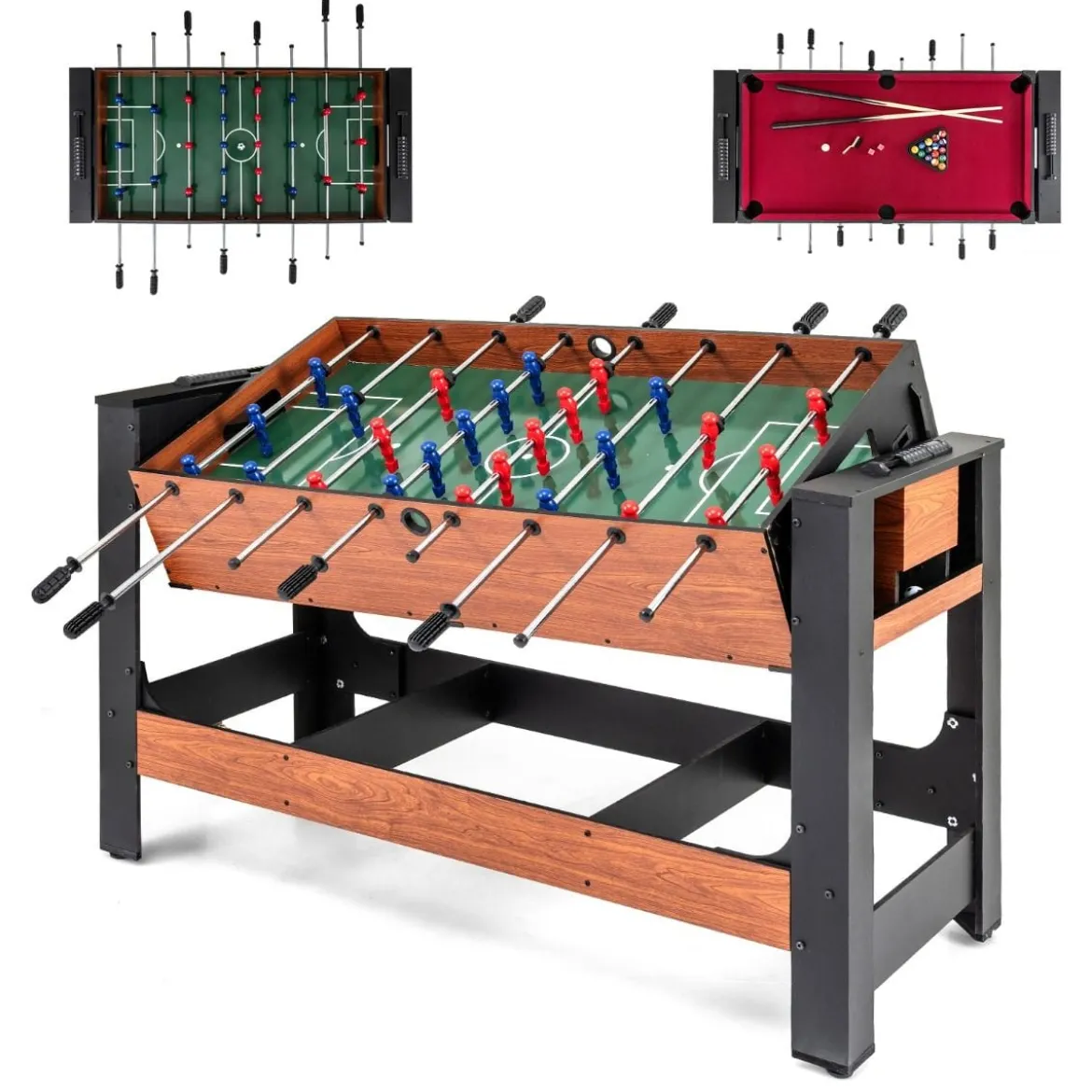 2 in 1 Drehbarer Spieltisch Kicker & Billard Kombitisch mit Beinen Queues Dreieck Bürste Kreide Braun 138 x 61 x 84 cm