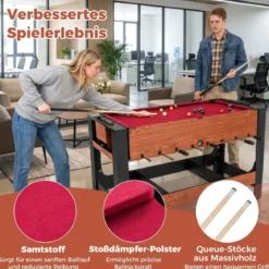 2 in 1 Drehbarer Spieltisch Kicker & Billard Kombitisch mit Beinen Queues Dreieck Bürste Kreide Braun 138 x 61 x 84 cm