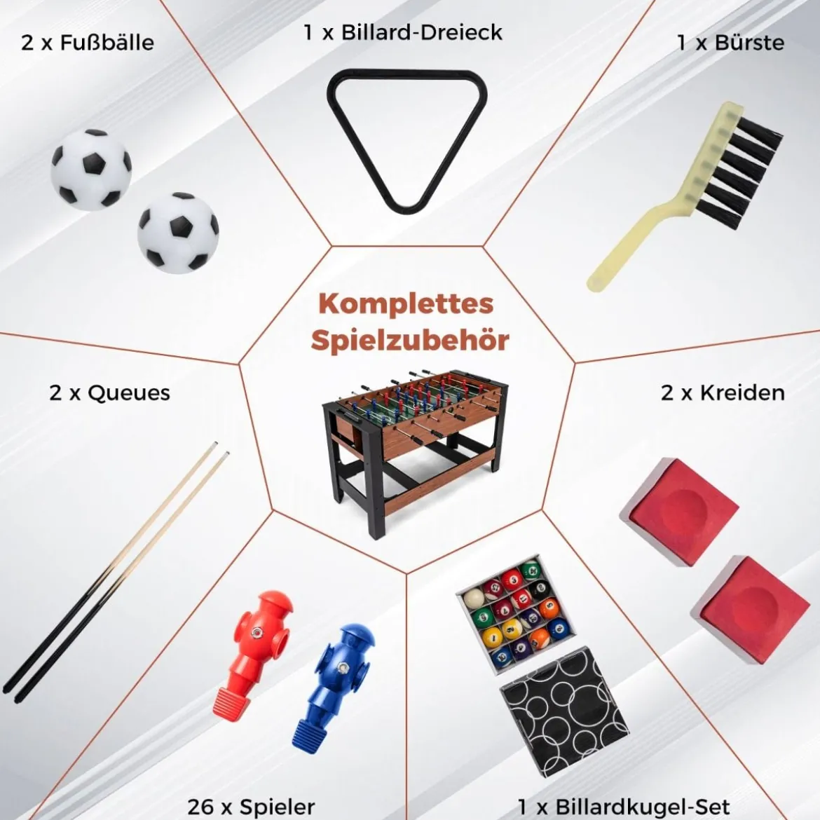 2 in 1 Drehbarer Spieltisch Kicker & Billard Kombitisch mit Beinen Queues Dreieck Bürste Kreide Braun 138 x 61 x 84 cm