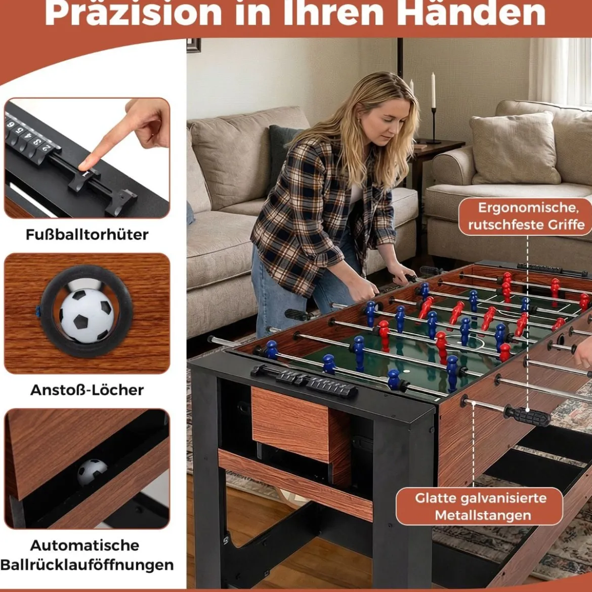 2 in 1 Drehbarer Spieltisch Kicker & Billard Kombitisch mit Beinen Queues Dreieck Bürste Kreide Braun 138 x 61 x 84 cm