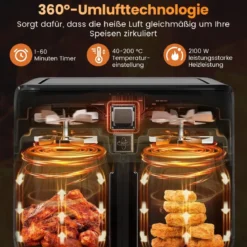 10 in 1 Dual Zone Air Fryer 85 L Heißluftfritteuse mit Sichtfenster & Touchscreen Spülmaschinenfest