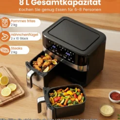 10 in 1 Dual Zone Air Fryer 85 L Heißluftfritteuse mit Sichtfenster & Touchscreen Spülmaschinenfest