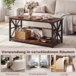 Industrieller Bauernhaus Couchtisch mit Offenem Ablagefach 2-stufiger Akzenttisch Rustikales Braun