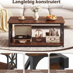 Industrieller Bauernhaus Couchtisch mit Offenem Ablagefach 2-stufiger Akzenttisch Rustikales Braun