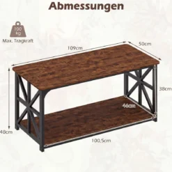 Industrieller Bauernhaus Couchtisch mit Offenem Ablagefach 2-stufiger Akzenttisch Rustikales Braun