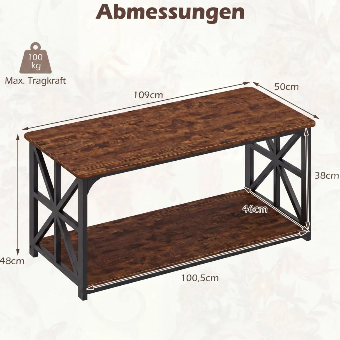 Industrieller Bauernhaus Couchtisch mit Offenem Ablagefach 2-stufiger Akzenttisch Rustikales Braun
