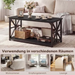 Industrieller Bauernhaus Couchtisch mit Offenem Ablagefach 2-stufiger Akzenttisch Kaffeetisch Schwarz