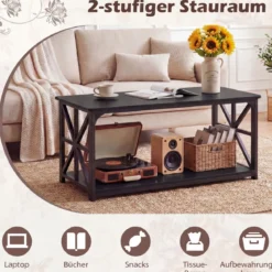 Industrieller Bauernhaus Couchtisch mit Offenem Ablagefach 2-stufiger Akzenttisch Kaffeetisch Schwarz