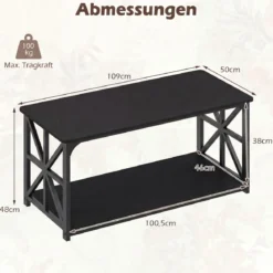 Industrieller Bauernhaus Couchtisch mit Offenem Ablagefach 2-stufiger Akzenttisch Kaffeetisch Schwarz