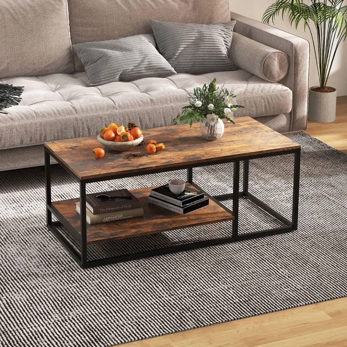 Industrieller Couchtisch mit Ablagefläche & Metallrahmen Rechteckiger Sofatisch Braun