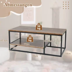 Industrieller Couchtisch mit Ablagefläche & Metallrahmen Rechteckiger Sofatisch Braun