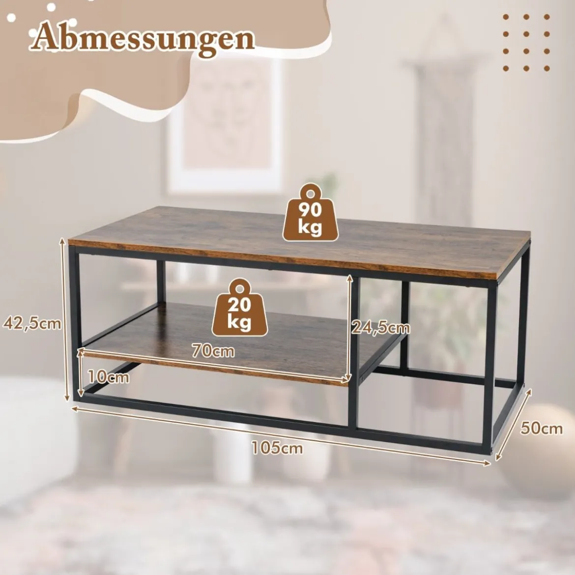 Industrieller Couchtisch mit Ablagefläche & Metallrahmen Rechteckiger Sofatisch Braun