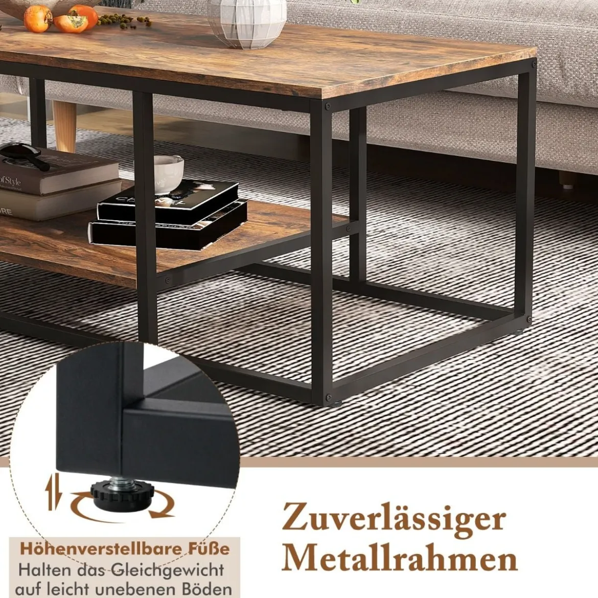 Industrieller Couchtisch mit Ablagefläche & Metallrahmen Rechteckiger Sofatisch Braun