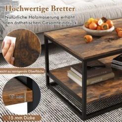 Industrieller Couchtisch mit Ablagefläche & Metallrahmen Rechteckiger Sofatisch Braun