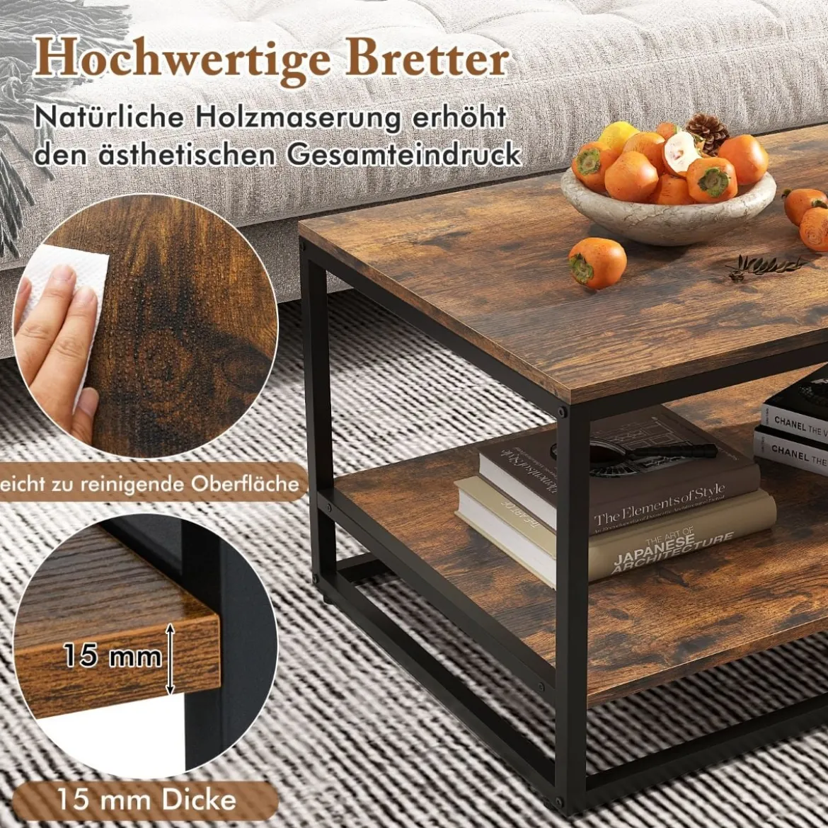 Industrieller Couchtisch mit Ablagefläche & Metallrahmen Rechteckiger Sofatisch Braun