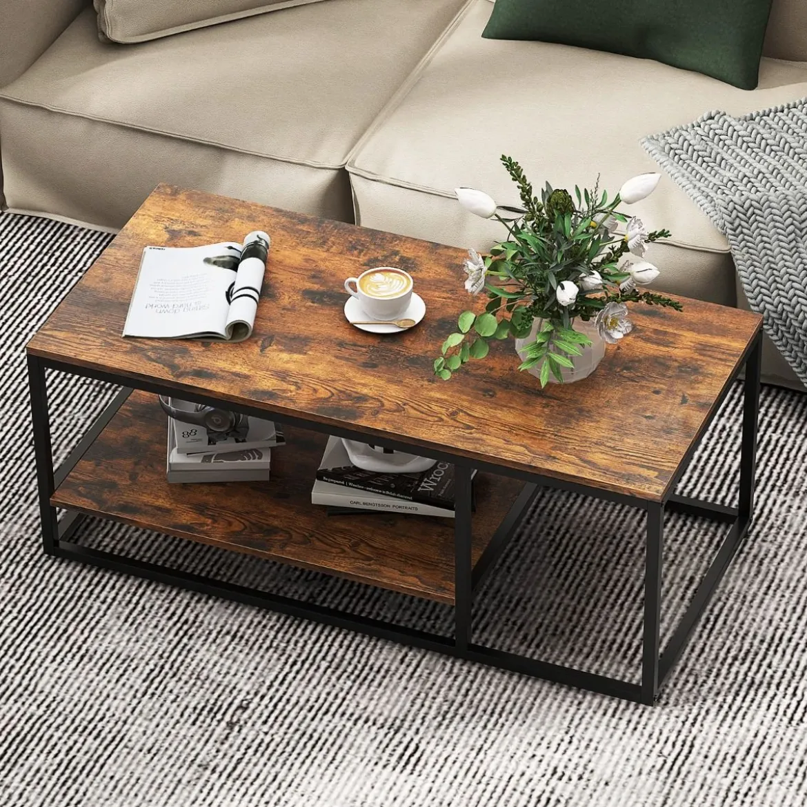 Industrieller Couchtisch mit Ablagefläche & Metallrahmen Rechteckiger Sofatisch Braun