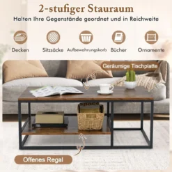 Industrieller Couchtisch mit Ablagefläche & Metallrahmen Rechteckiger Sofatisch Braun