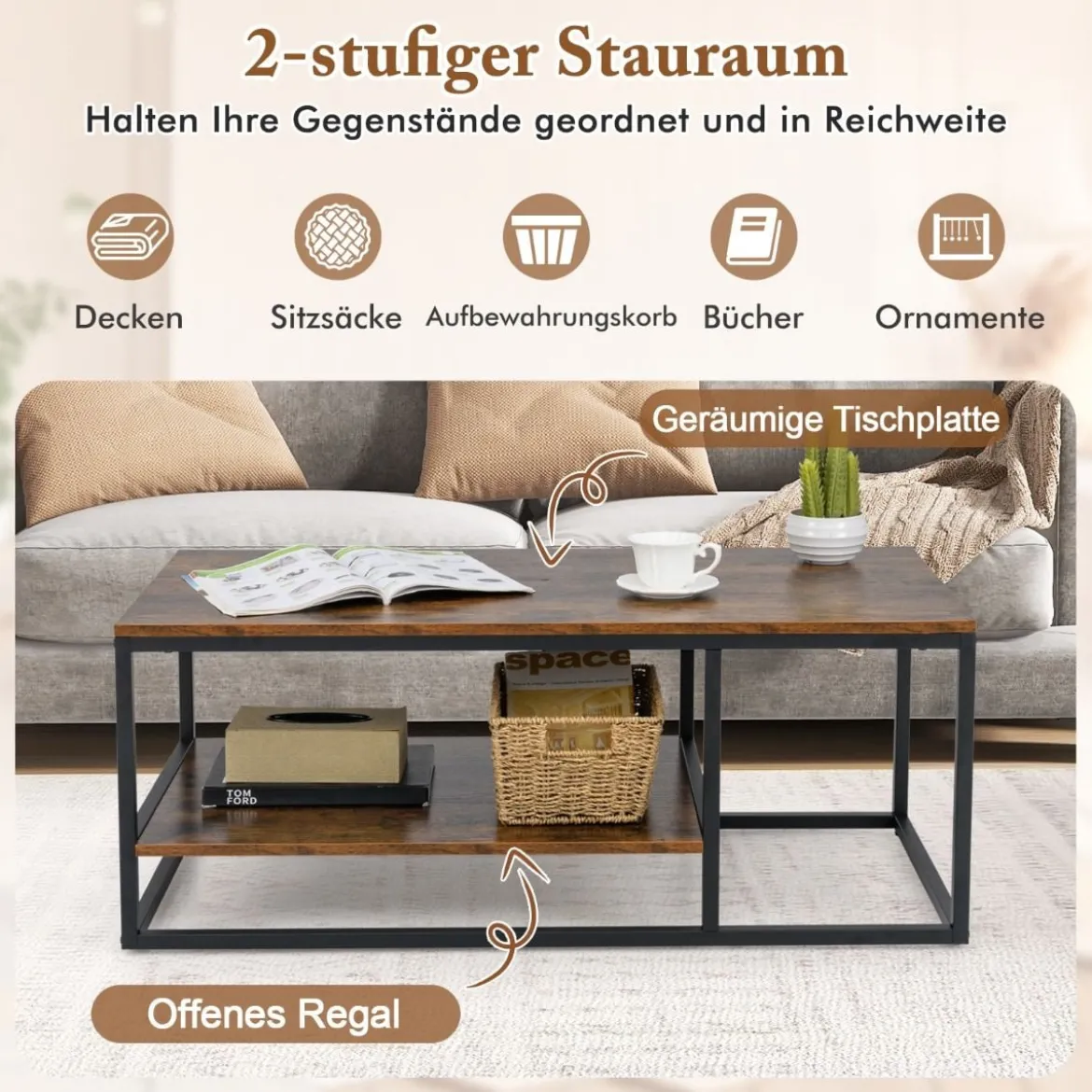 Industrieller Couchtisch mit Ablagefläche & Metallrahmen Rechteckiger Sofatisch Braun