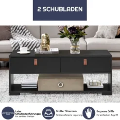Industrieller Couchtisch rechteckiger Medienkonsolentisch mit 2 Schubladen und offenem Ablagefach Schwarz