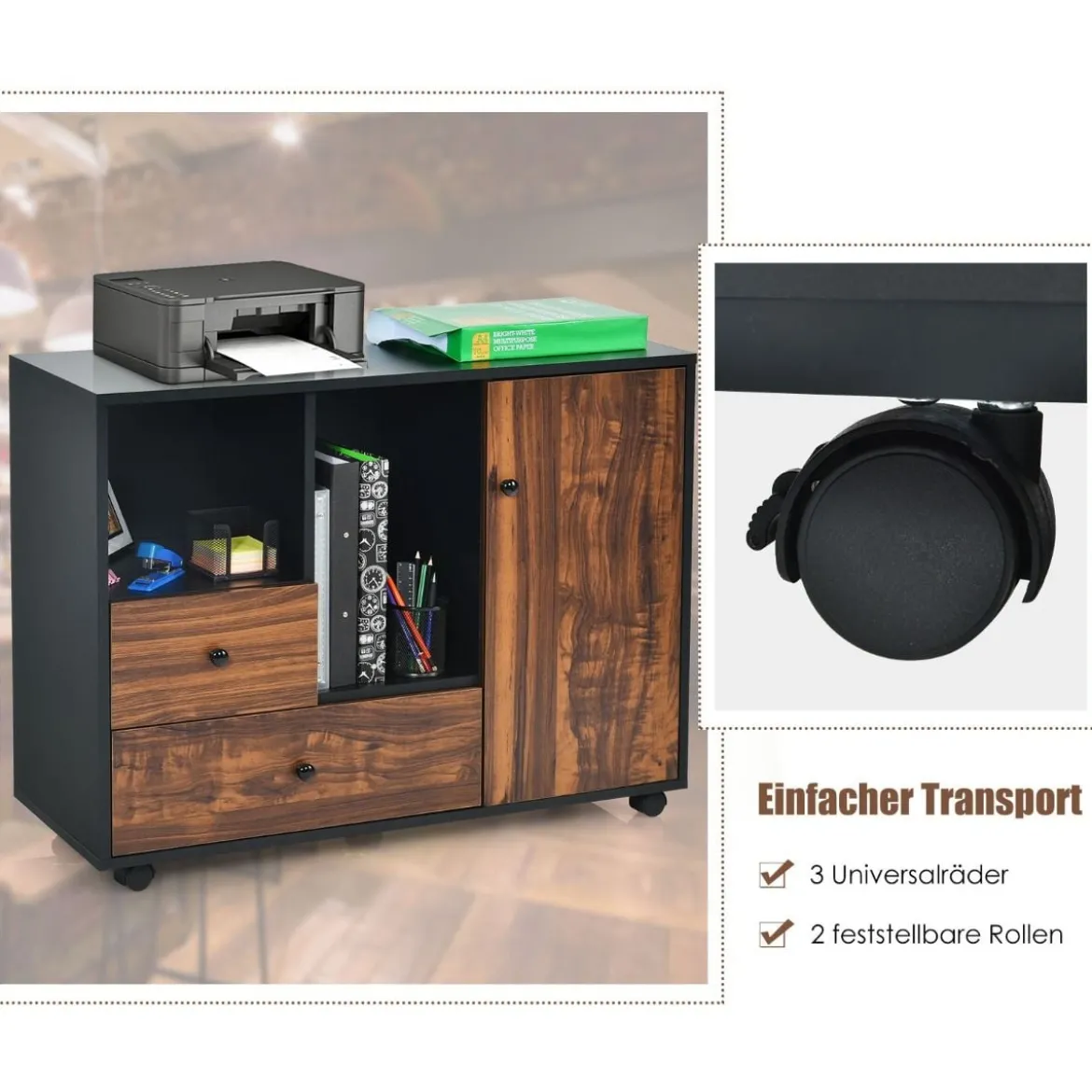 Industrieller rollender Lagerschrank tragbarer Seitenschrank Beistellschrank 90 x 35 x 69,5 cm Braun + Schwarz