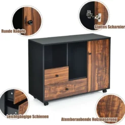 Industrieller rollender Lagerschrank tragbarer Seitenschrank Beistellschrank 90 x 35 x 69,5 cm Braun + Schwarz